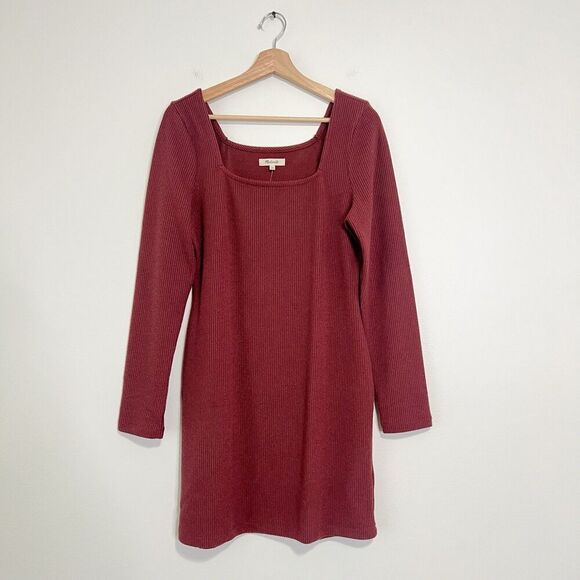 MADEWELL Ribbed Bodycon Mini Dress Large Red Knit Long Sleeve NI651 NEW - Picture 2 of 8